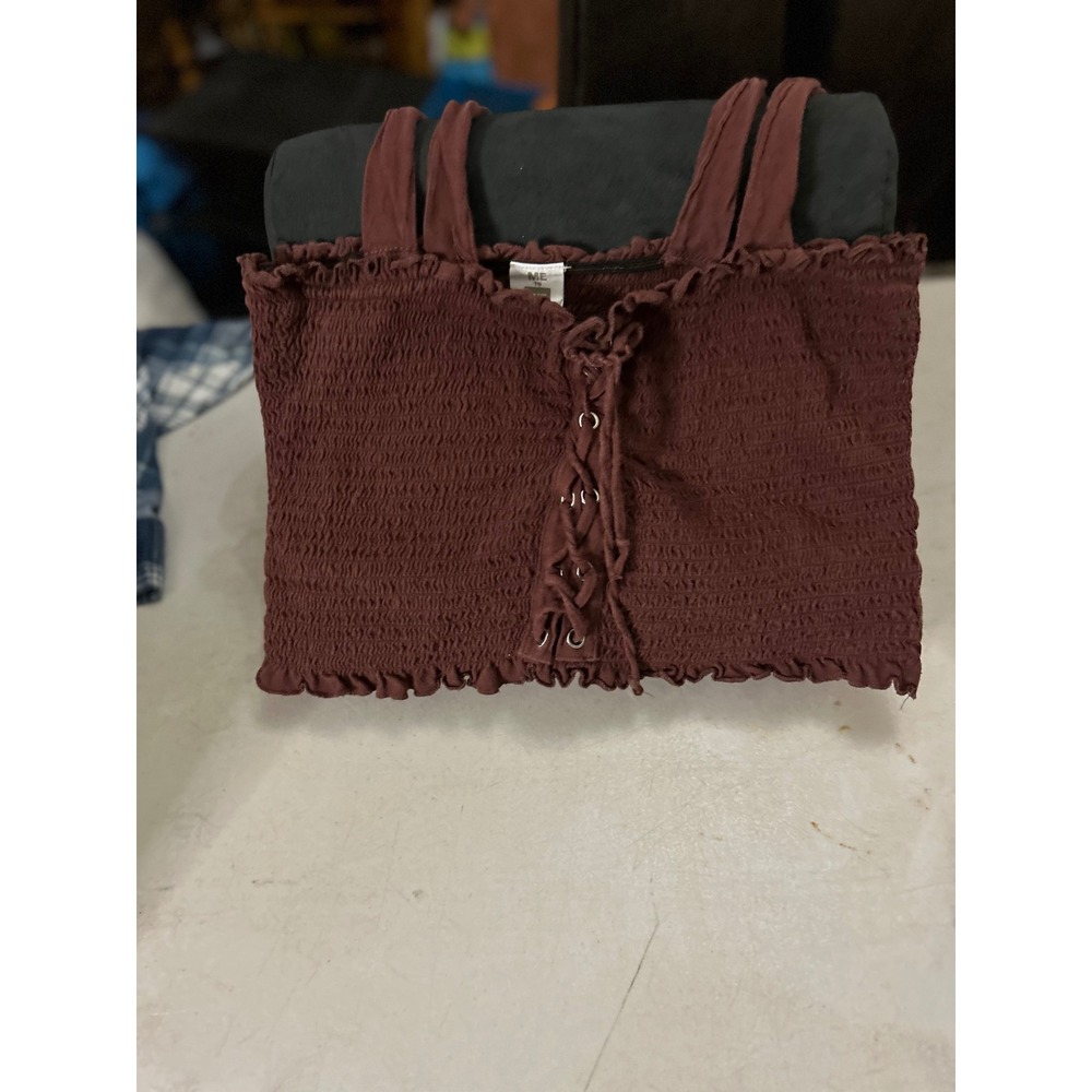 Cottagecore me To We Smocked Crop Top Burgundy Lace Up Grommet Lettuce Edge Med